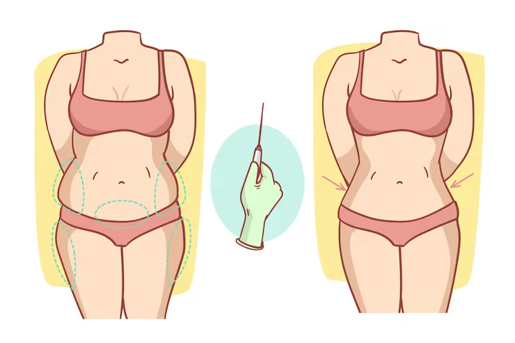 Diagram showing before and after effect of body liposuction surgery.